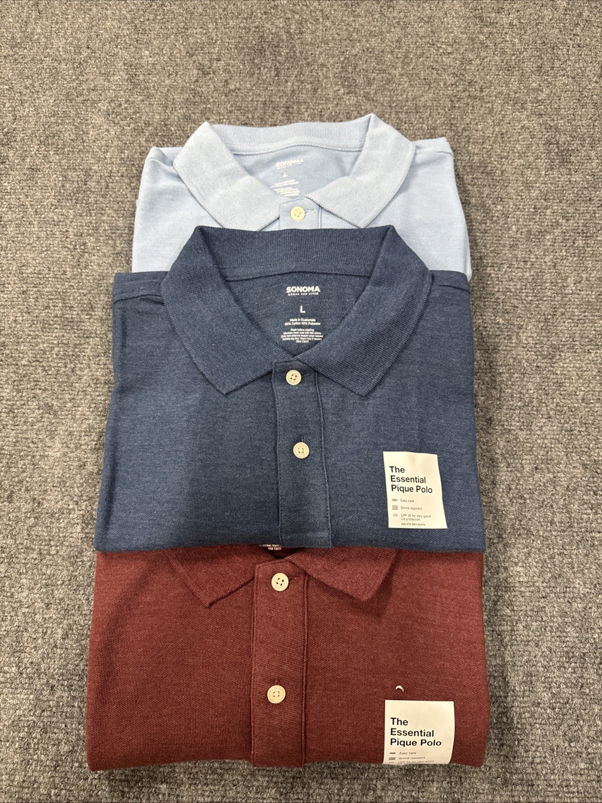 Lot of 3 Sonoma Super Soft Pique Polo Mens L Blue Navy,Blue,Red,Easy Care NWT