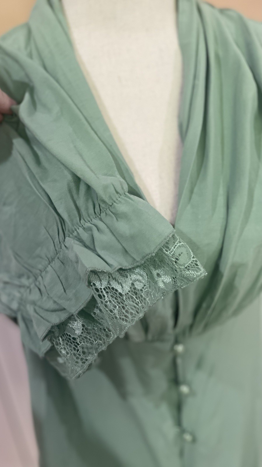 NWT Scarlet Darkness Sage Green Gothic Cowl Neck Lace Cuff Back Corset Blouse XL