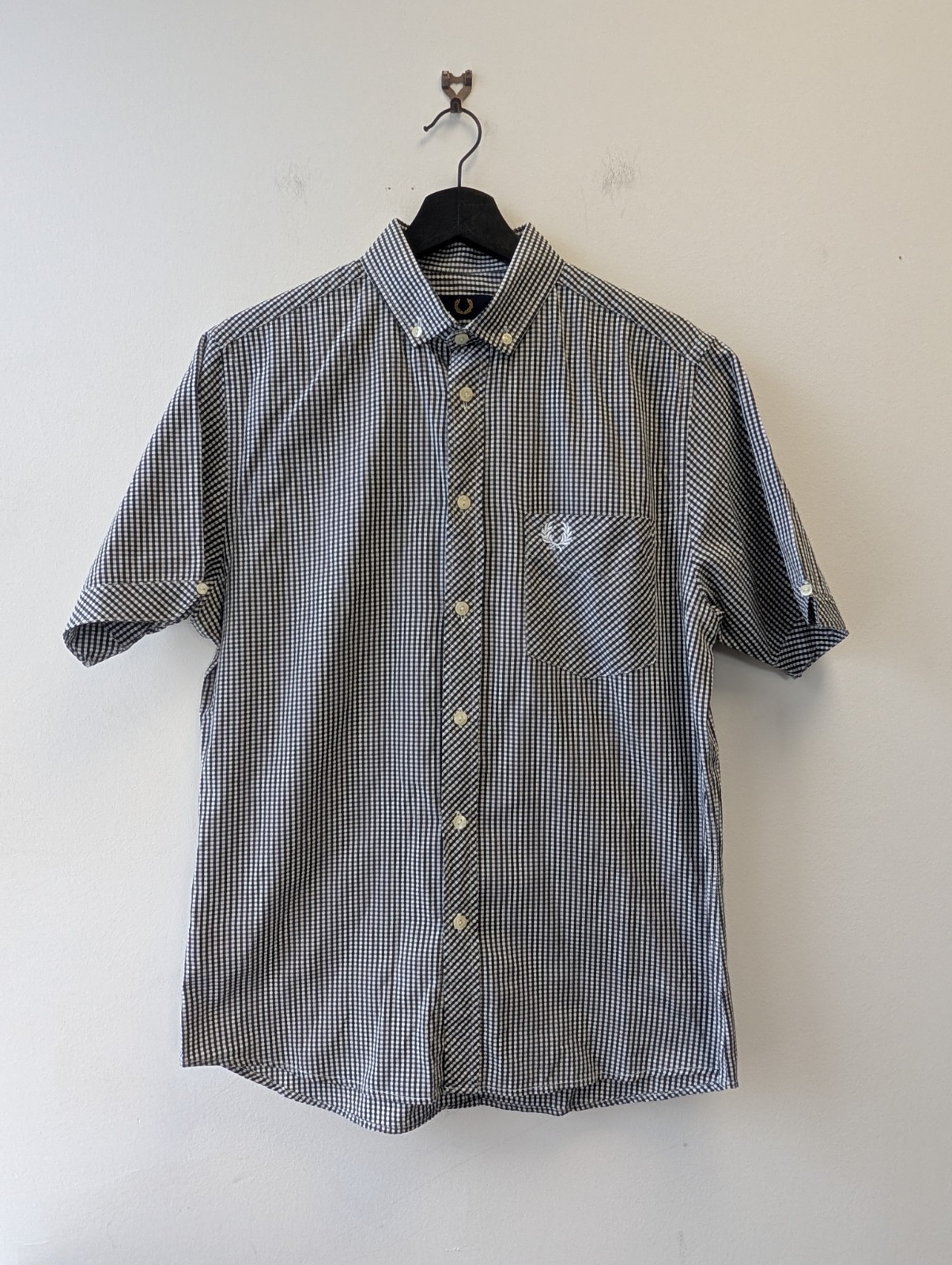 Fred Perry Gingham Check Shirt Mens Large Black and White Short Sleeve Mod 60s