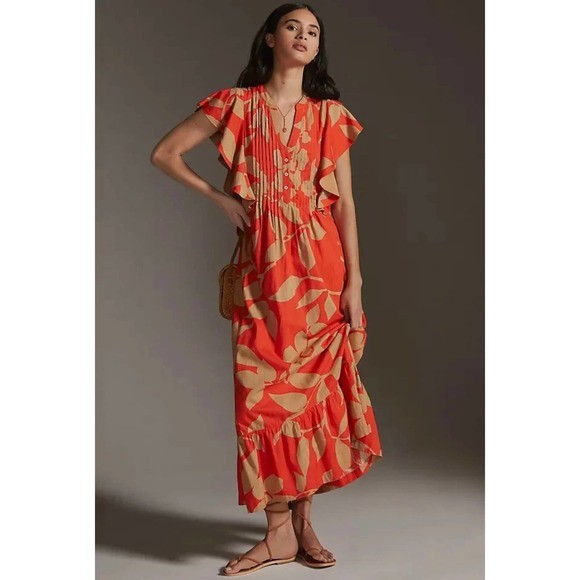 Maeve Anthropologie Women L Cassandra Maxi Dress Red Tan Floral Flowy Bohemian