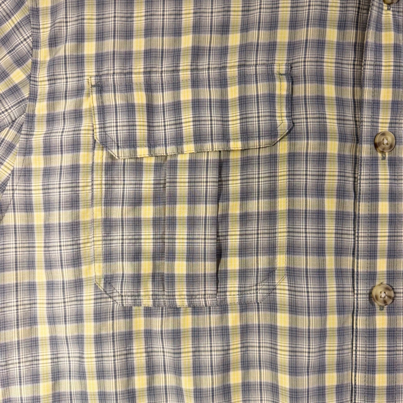 Duluth Trading Co Mens 2XL Plaid Short Sleeve Button Down Shirt Yellow Grey