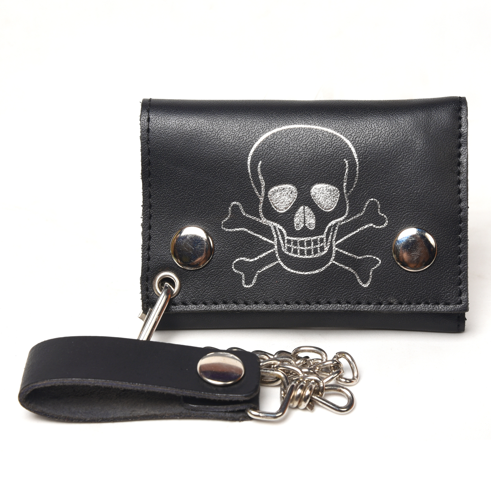Leatherboss Genuine Leather Men Skull and Bones Trifold Wallet Chain Biker,Black