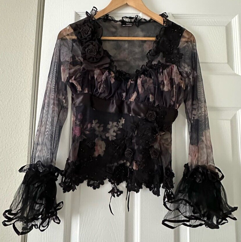 Rare CELO Sheer Floral Ruffle Blouse Bell Sleeve Top Argentina MSRP $350