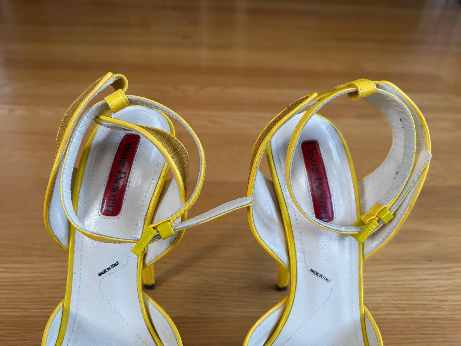 CESARE PACIOTTI Yellow Satin Slingback Pumps Stacked Heel Size 7 IT 37 Very Good