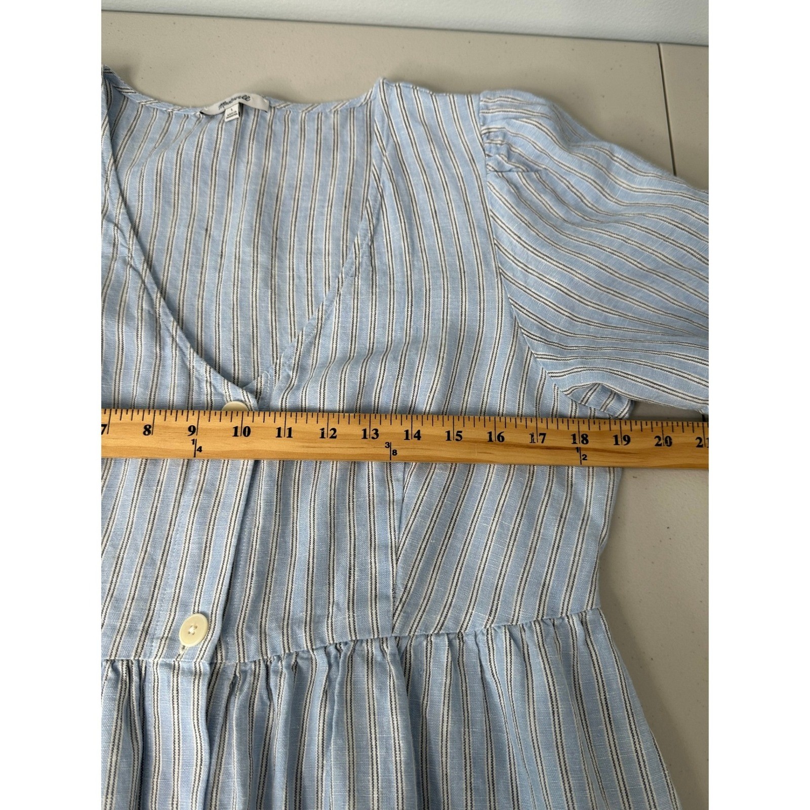 Madewell Cassie Striped Linen Button Front Midi Dress Size L Blue WhitePockets