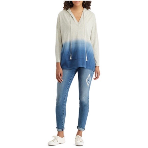 New Chaps Womens Blue Ombre Hooded Knit Pullover Kangaroo Pocket Hoodie Sz S