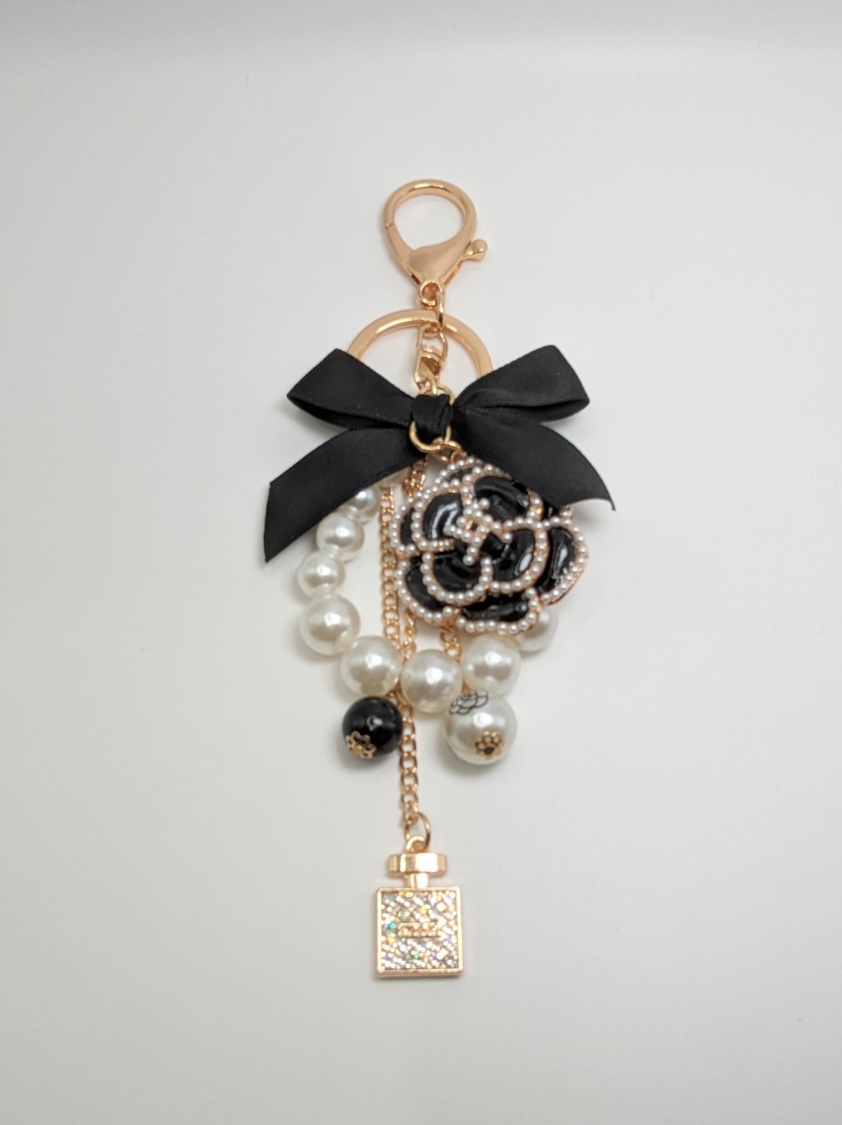 Camellia Bag Charm & Rhinestones – Black Bow & Faux Pearl | Stocking Stuffer