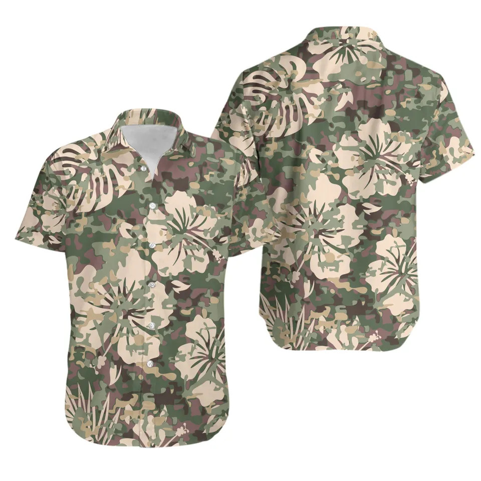 Tactical Green Camo Tropical Hibiscus Floral Hawaiian Shirt Military Camouflage