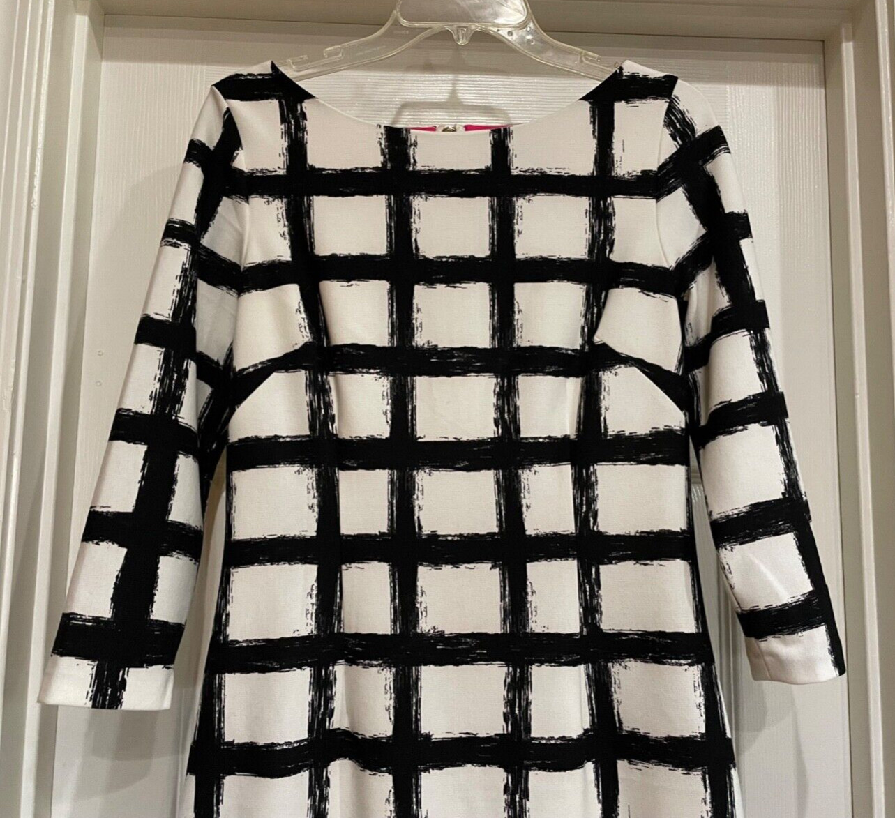 ELIZA J Dress-White Polyester Knit Sheath, 3/4 Sleeve, Black Grid, Lined, Size 8