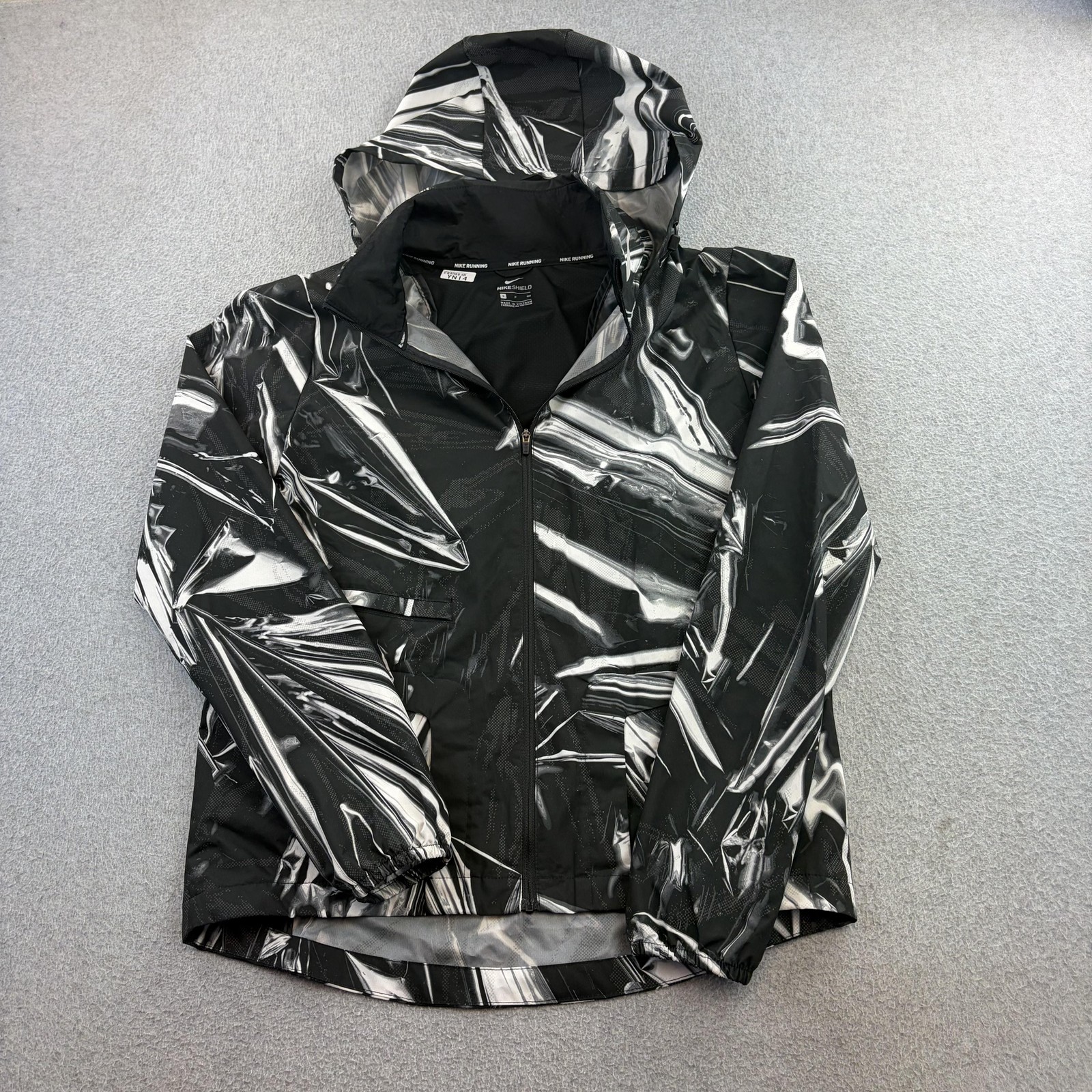 Nike Shield Jacket Womens Small Black Hooded Full Zip Running Print Windbreaker