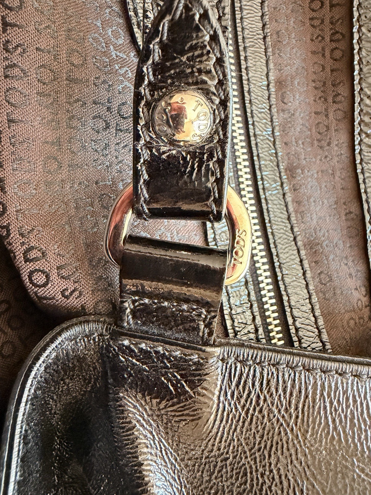 Tod’s Black Patent Satchel Large Detachable Strap Zip Buckle Logo Lined