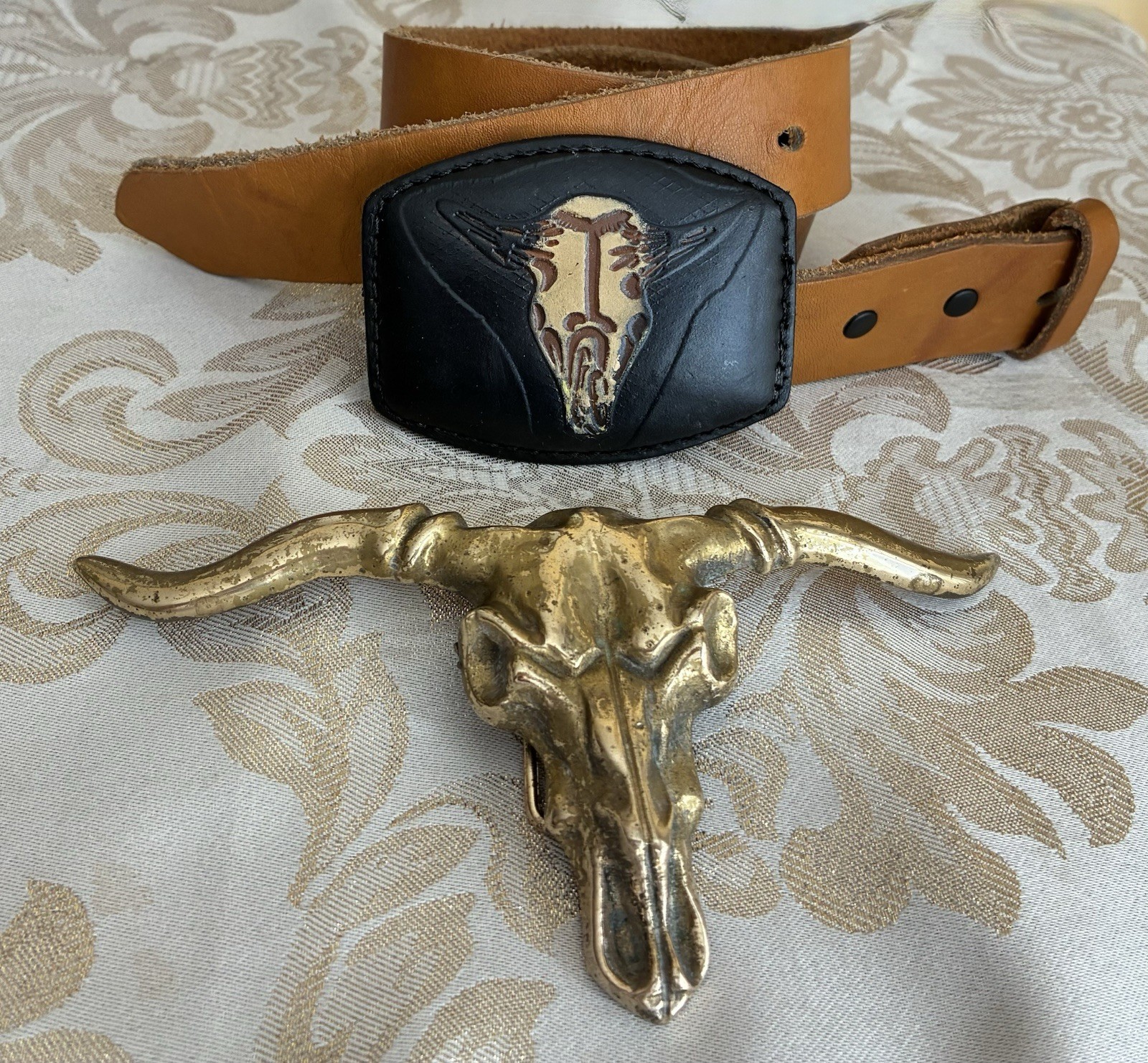 Vintage BARON Brass Longhorn Belt Buckle W/ sz 36 1.7” Leather Belt & 2nd Buckle