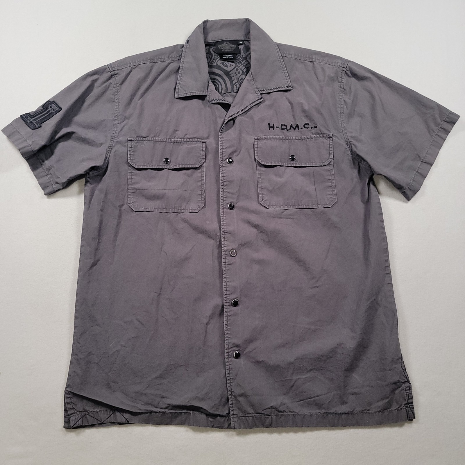 Harley Davidson H-DMC Shirt Mens Medium Gray Cotton Snap Front Biker