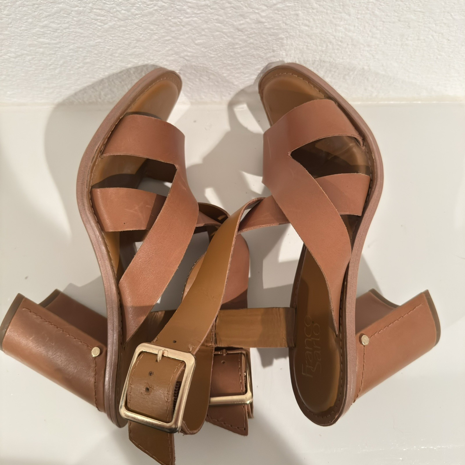 Franco Sarto Cache Womens 10M Brown Leather Block Heel Slingback Sandals Strappy