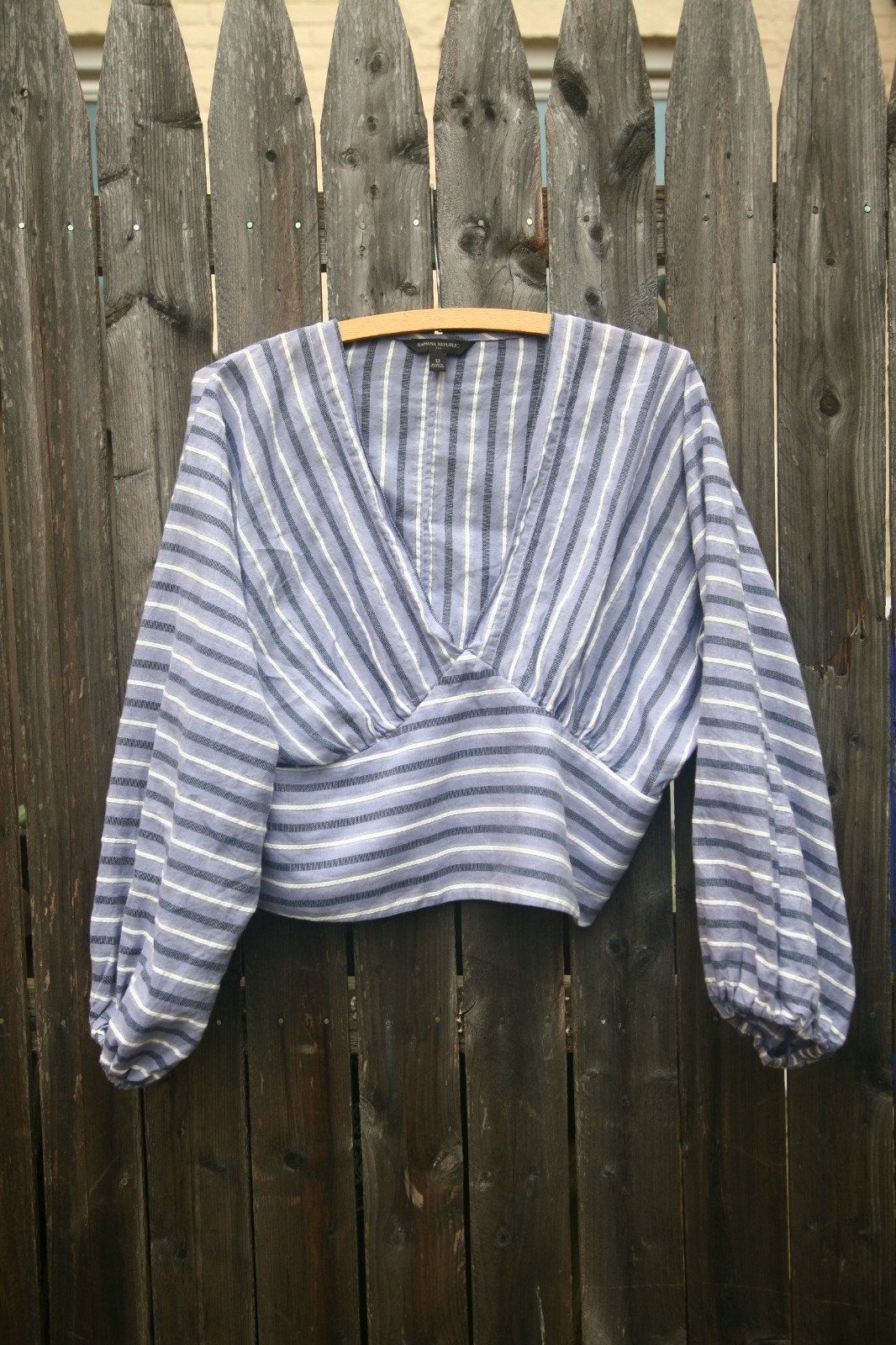Size 12 – BANANA REPUBLIC Women’s Striped Blue Cotton Deep V Neck Blouse