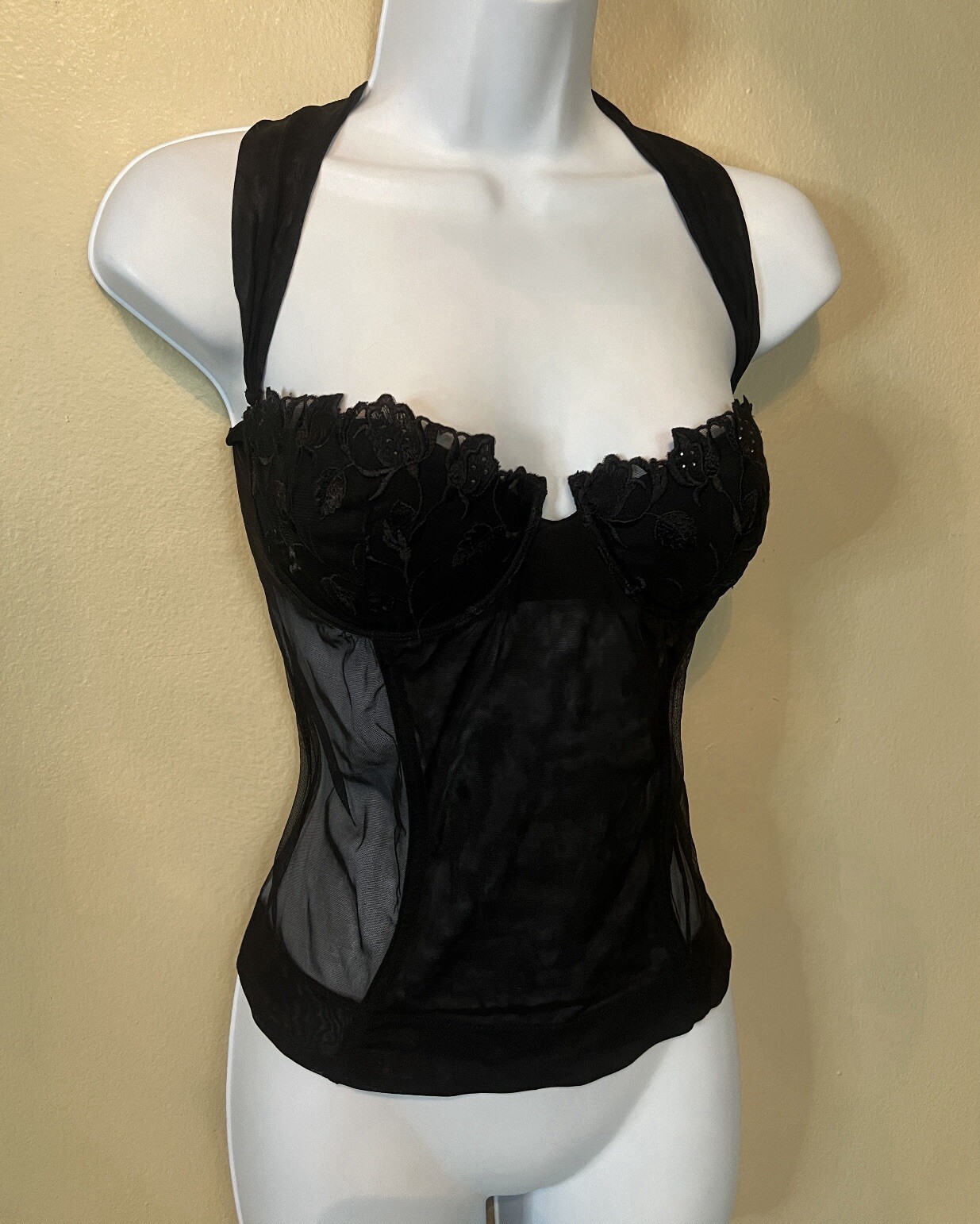 Vintage COSABELLA Italy RareY2K Black Mesh/Lace Bustier Removable Halter Strap M