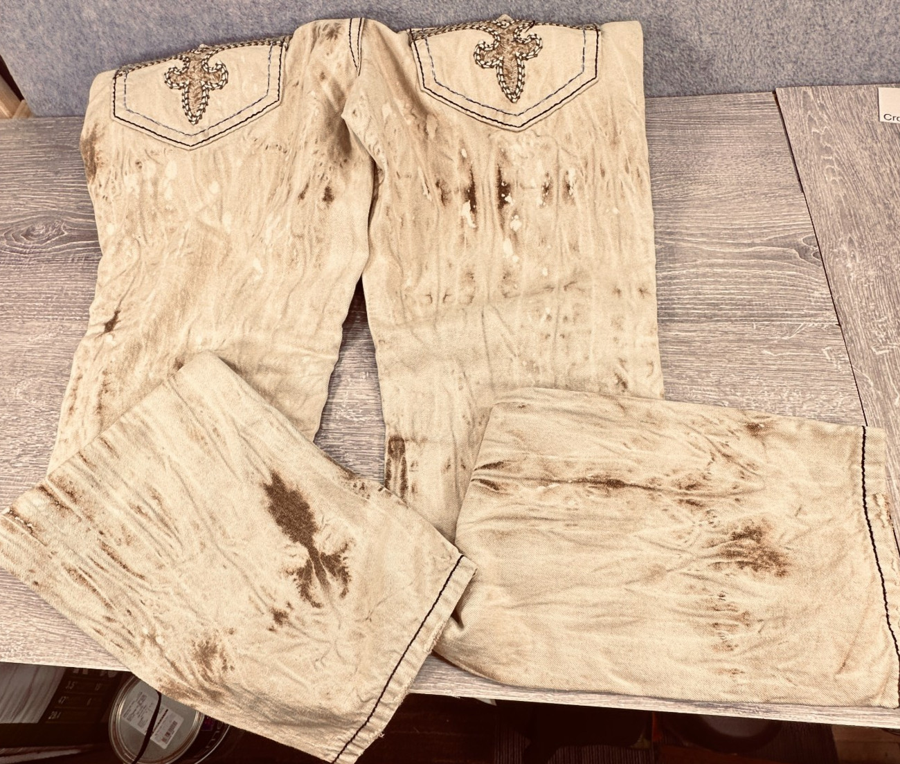 Rock Revivial Callan Biker Beige Jeans Acid Distressed Embroidery Size 38 x 33