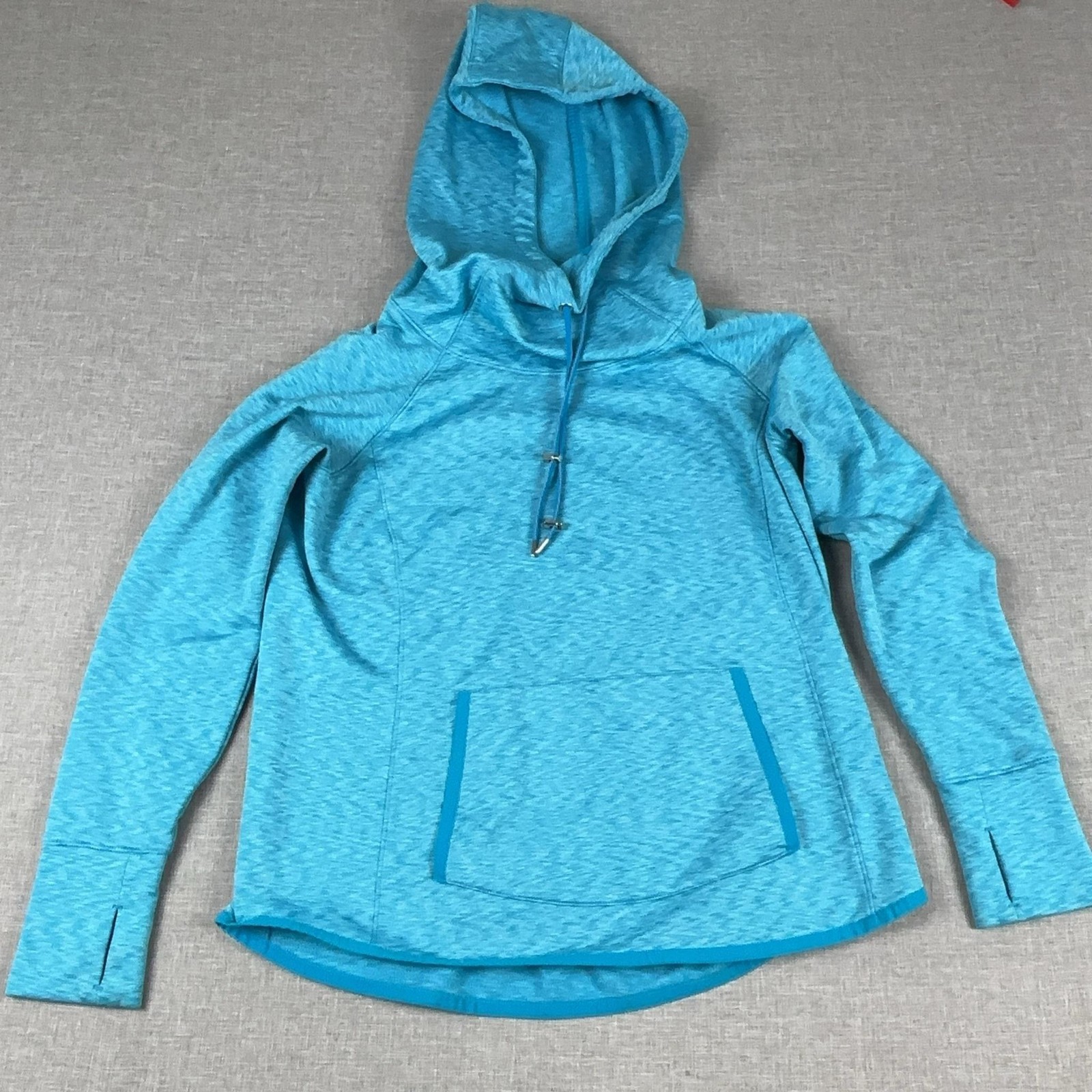 Athleta Hoodie Womens XL Blue Pullover Fleece Kangaroo Pocket Thumbholes Stretch