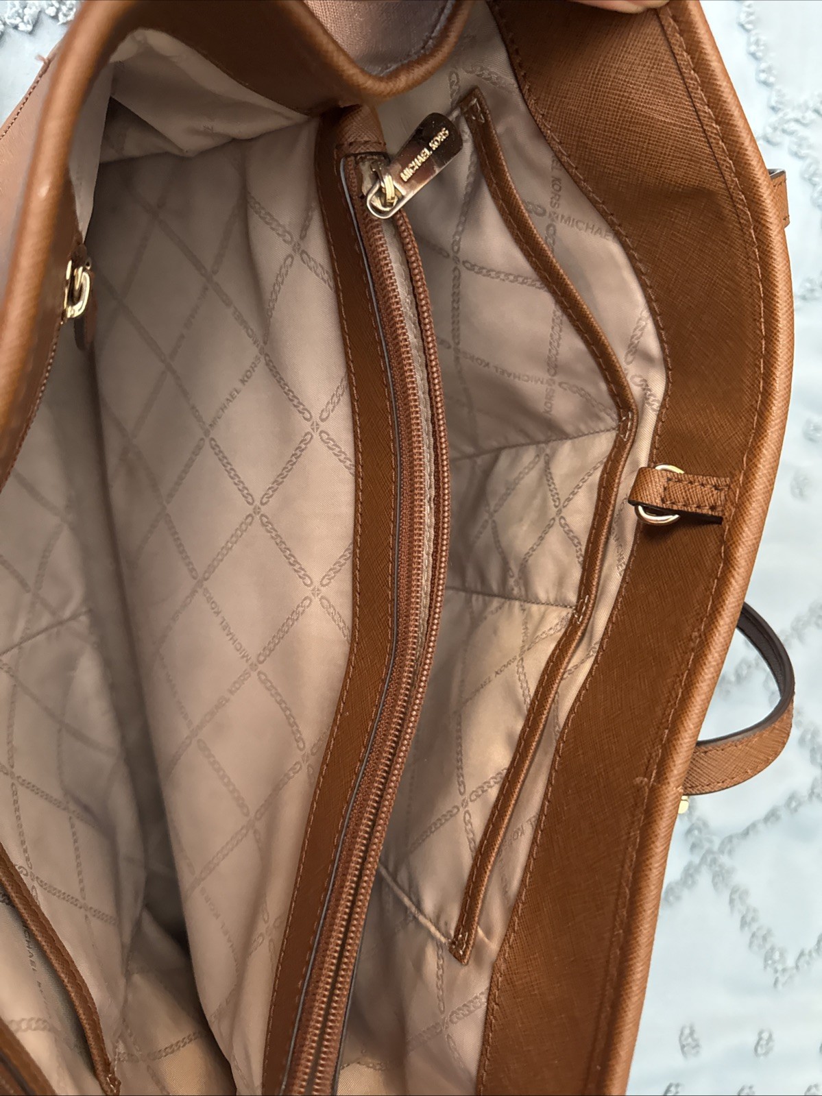 Michael Kors Coated Canvas Brown Tan Leather Shoulder Bag Tote Medium
