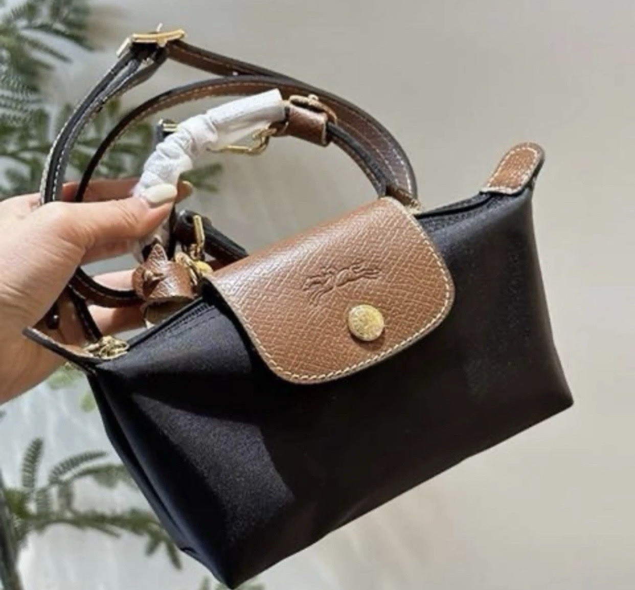 Black & Brown LONGCHAMP Le Pliage Original Pouch with handle/cross strap..
