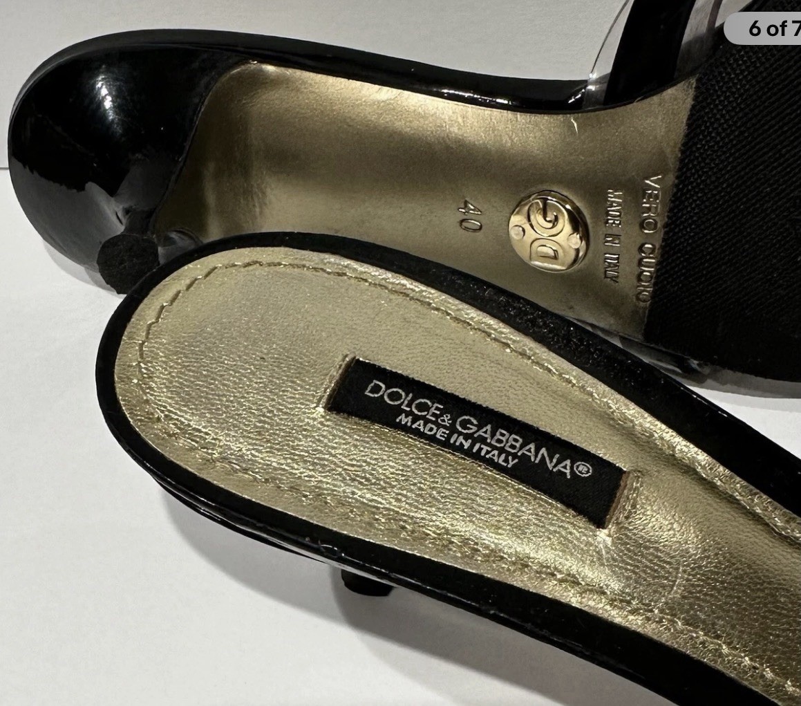 DOLCE & GABBANA Black Patent Leather Gold Rivets Mid Heel Sandals Shoes Size 10