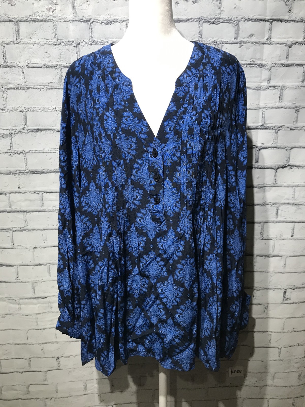Terry&Sky, Women Plus 2X, Blue Long Sleeve Small Pleated Tunic w Button Blouse