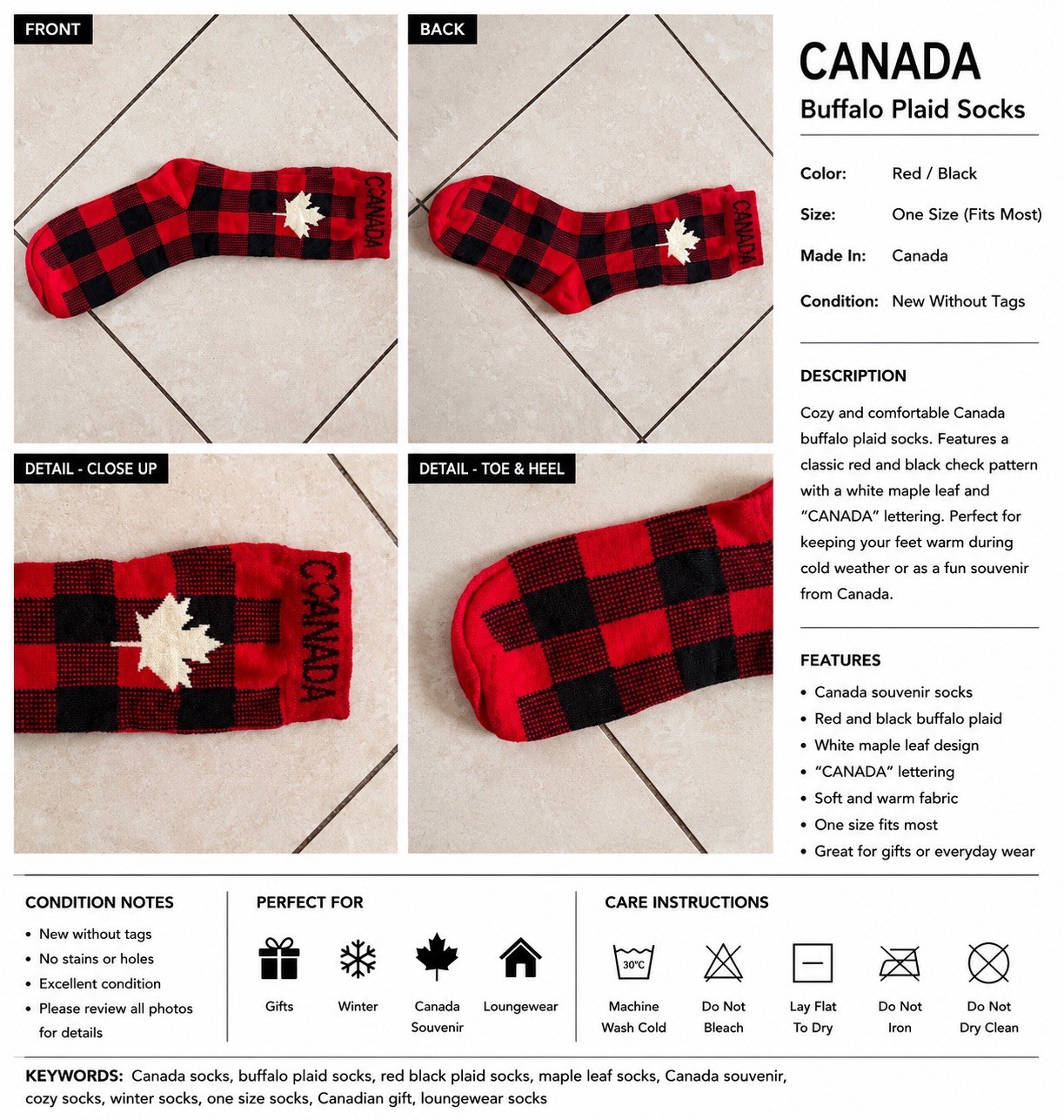 Canada Plaid Women’s Crew Socks Red/Black One Size 1 Pair Lightweight