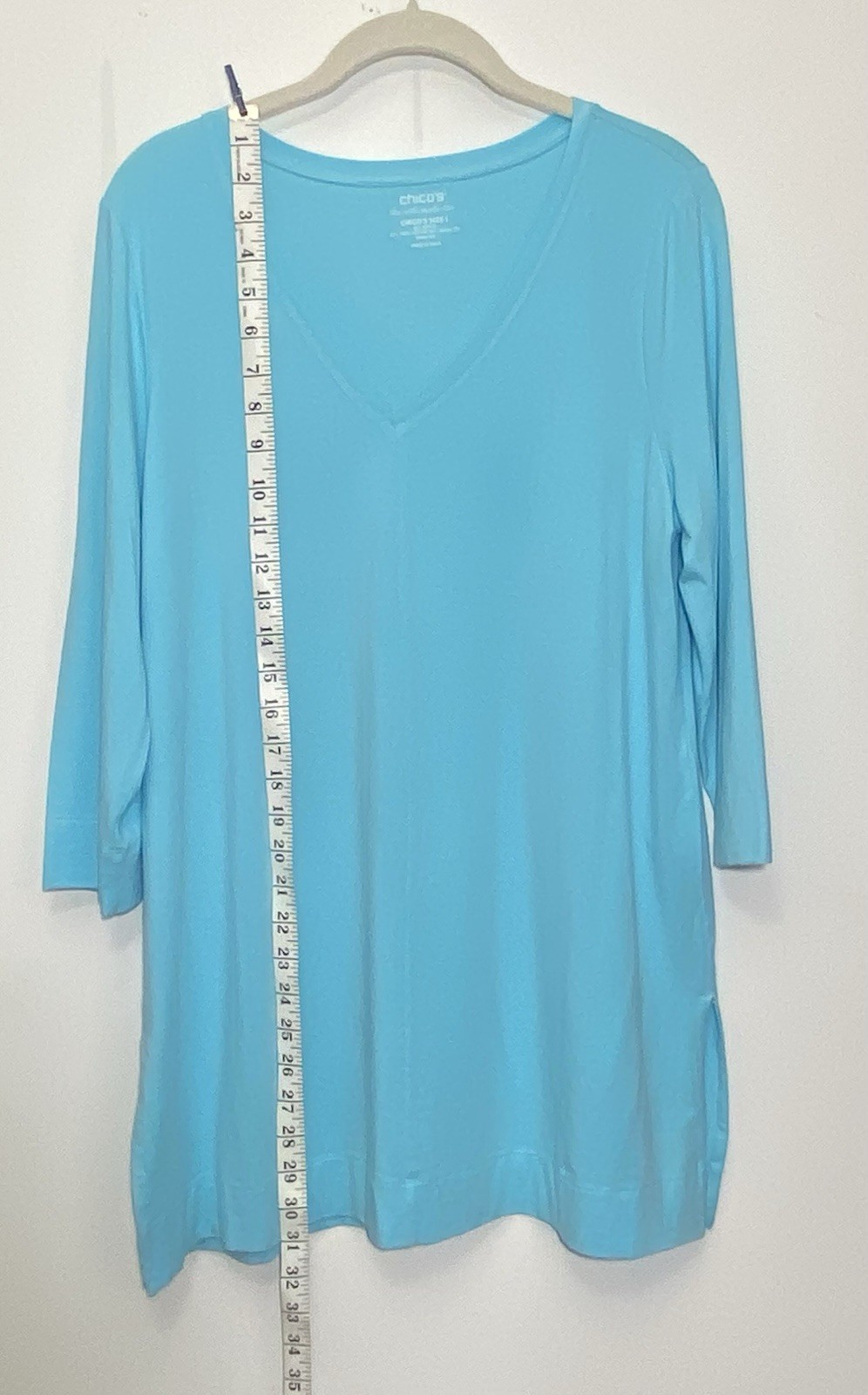 Chicos Size 1 Refined Jersey 3 Qtr sleeves Tunic Top V Neck Clear Aqua $55 NWT