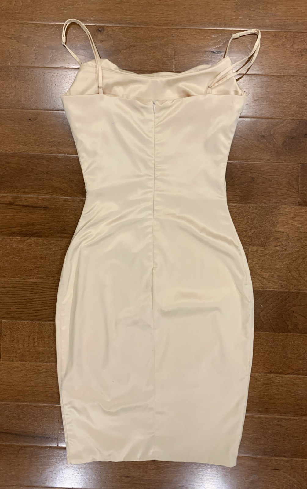 Oh Polly Champagne Stretch Satin Mini Slip Dress Straps Cowl Drape Zip US 4 UK 8