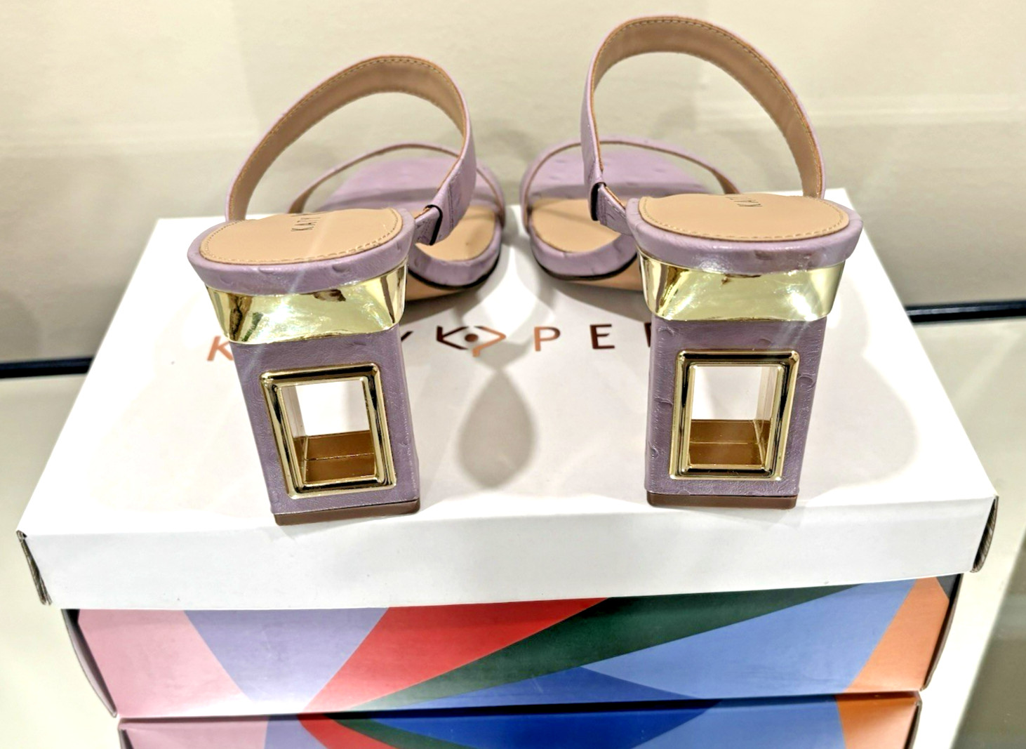 Katy Perry Lavender/Gold Metallic Slip-On Open Toe Block Heel Sandal 8.5M