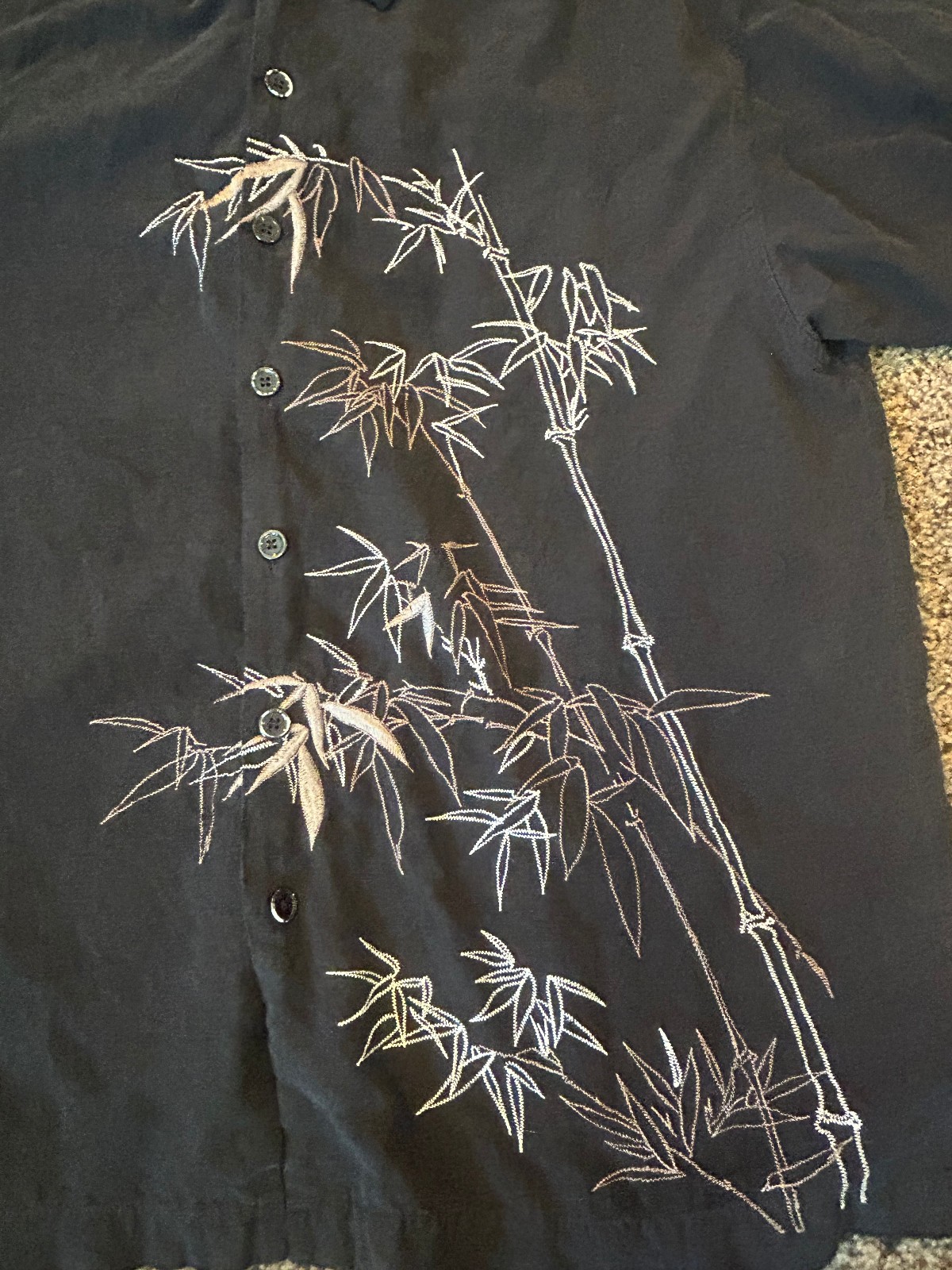 Brigata 100% Silk Button-Down Black Shirt Mens L Embroidered Bamboo Resort