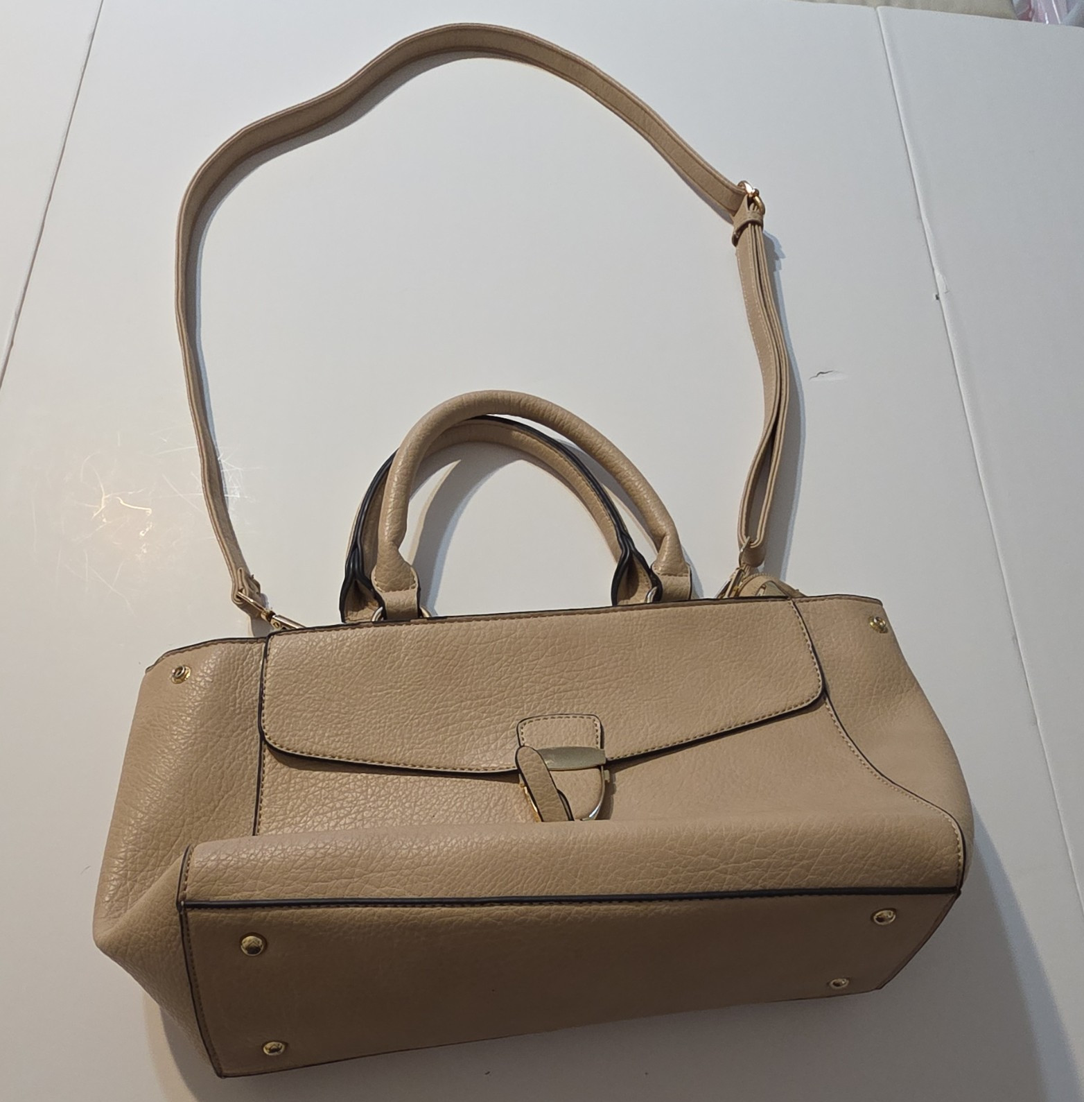 Beige Pebbled Satchel Top Handle Bag Double Handles Zip Turn Lock Strap