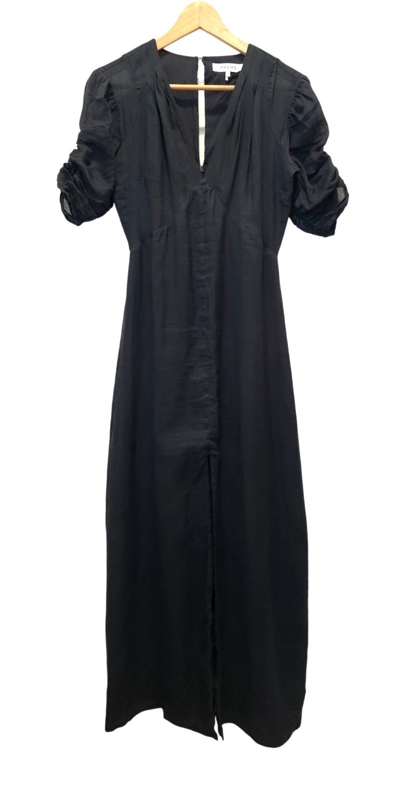 FRAME Shirred Sleeve 100% Ramie Black V-Neck 1/4 Sleeve Maxi Dress Sz XS