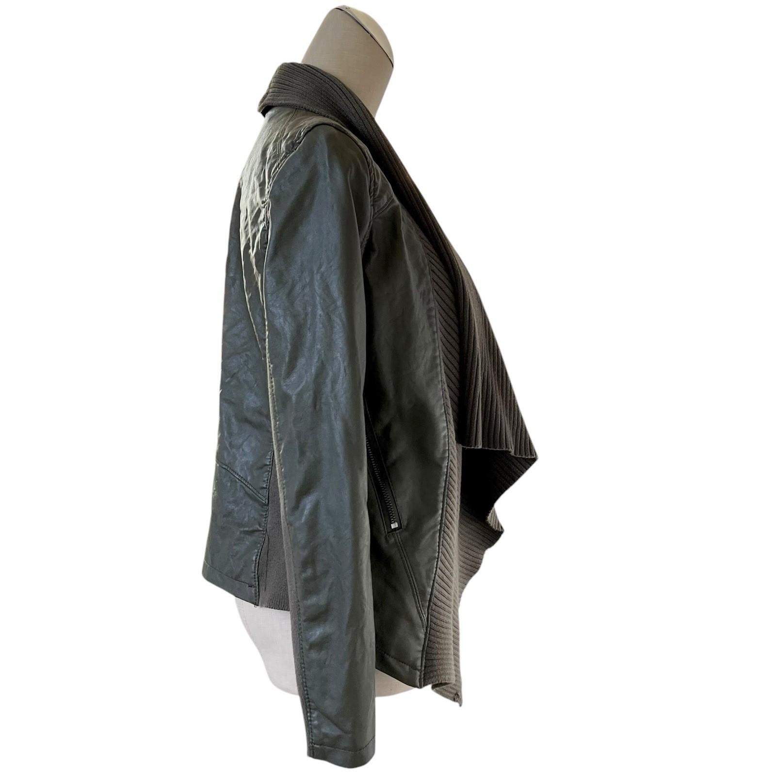Blank NYC Moto Jacket Vegan Leather Knit Mixed Media Olive Green Sz Small