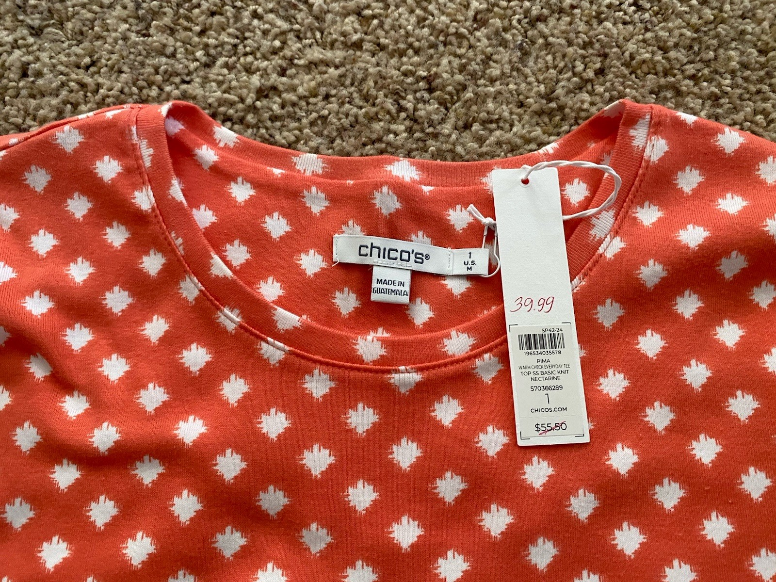 Chico’s e Pima Cotton Checkered Everyday Short Sleeve T-Shirt Size 1 NWT