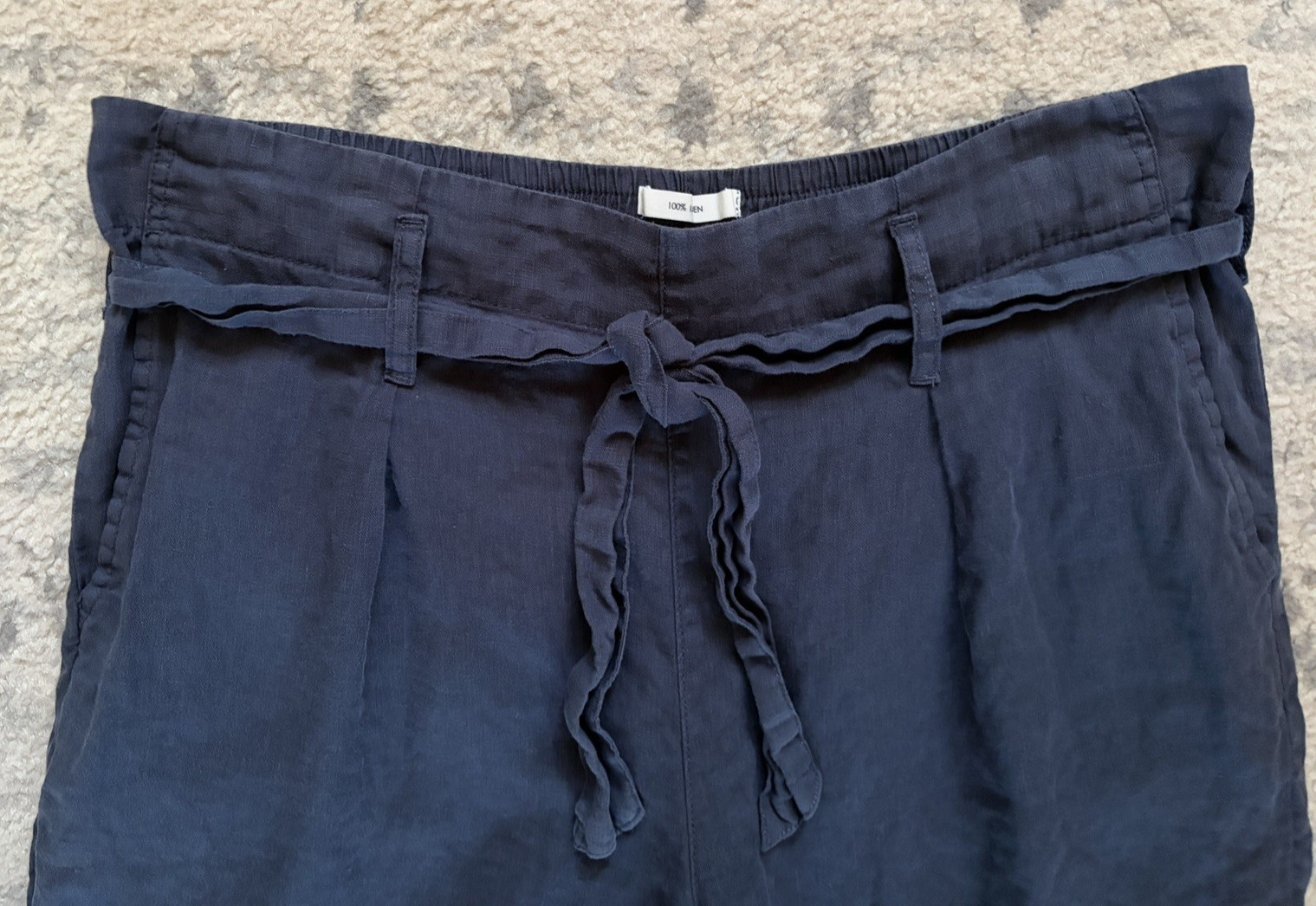 Nicole Miller Linen Pants Large L Blue Wide Leg Cropped Paperbag Waist Tie Belt