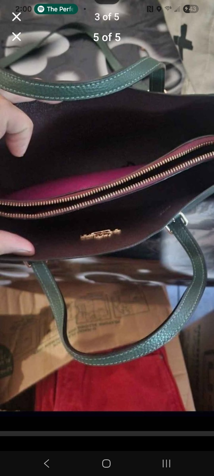 Coach Mollie Tote 25 Green Pebbled Zip Tote Gold Hardware Purple Lining Strap
