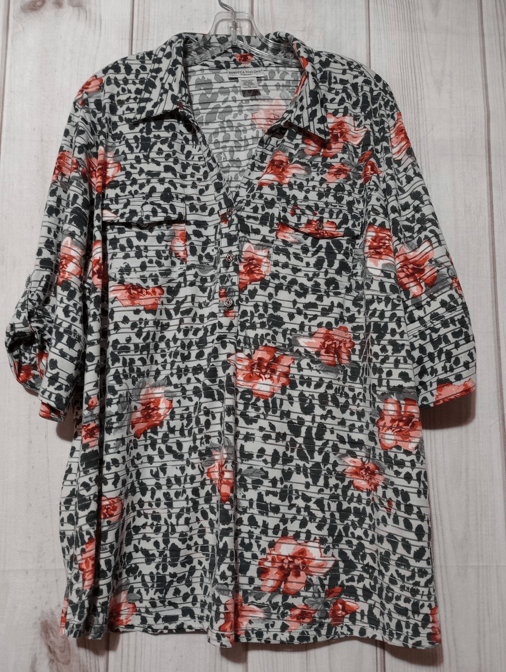 Rebecca Malone Woman 2X Floral Leopard Print Roll Tab Sleeve Button Up Top