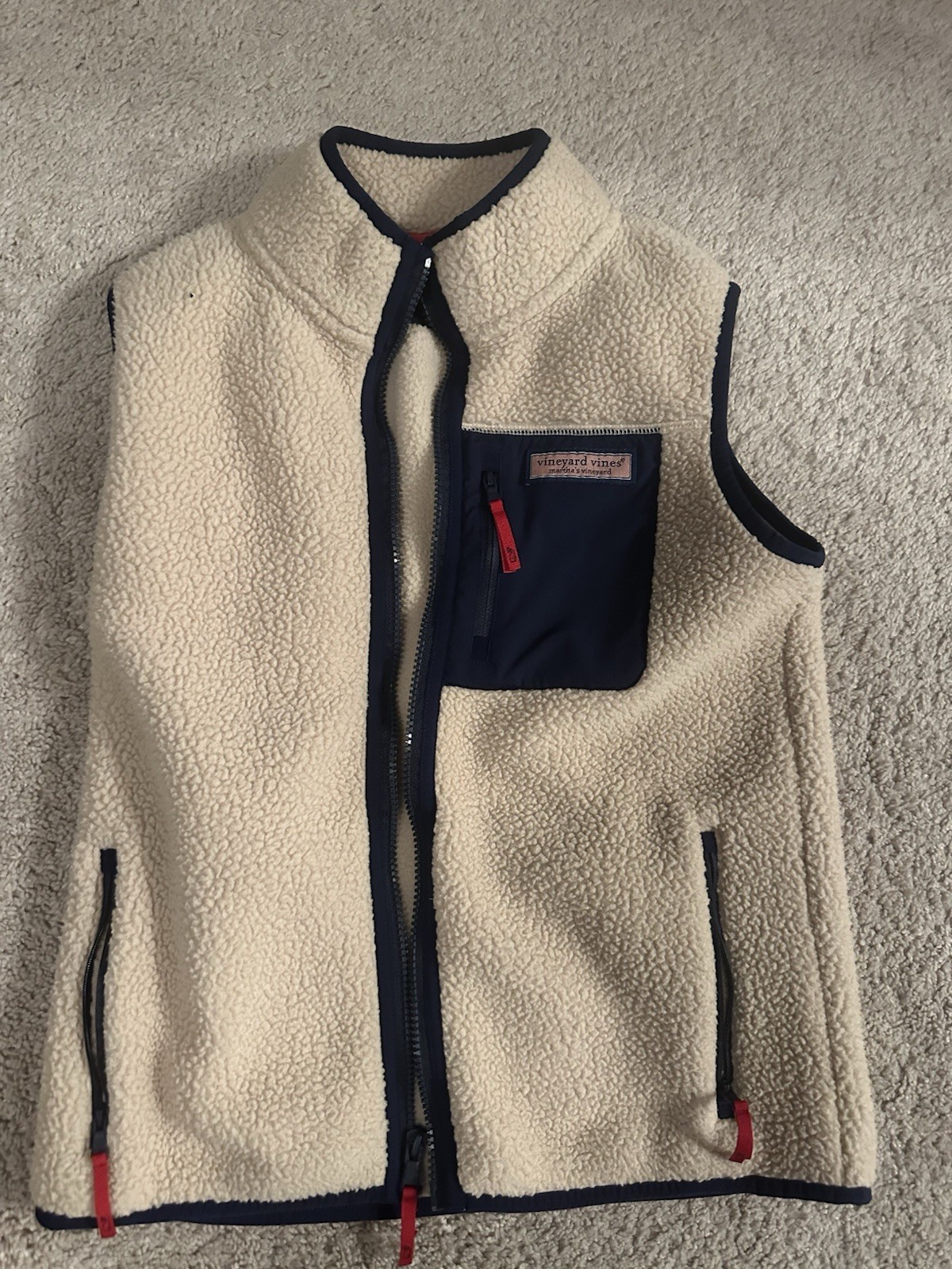 Vineyard Vines Boys Sherpa Fleece Full Zip Vest Beige/Navy Size M (12-14)