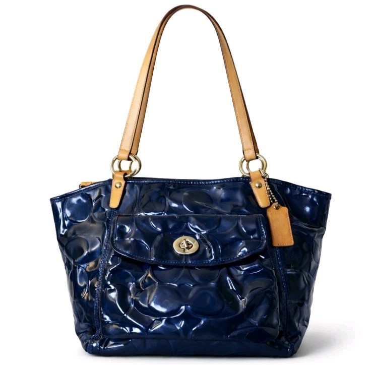Coach Leah Navy Blue Patent Leather Tote Bag F14663 Embossed Logo Turnlock Large