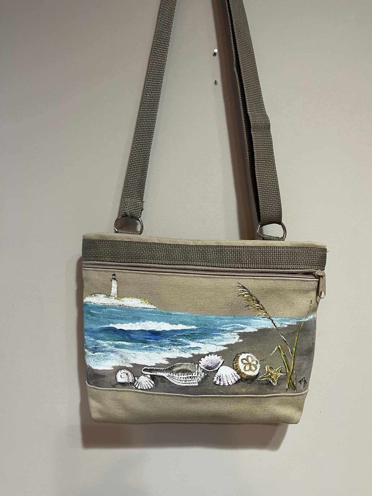 Hand painted Canvas Coastal Crossbody Bag Very Clean Condition. Well Made