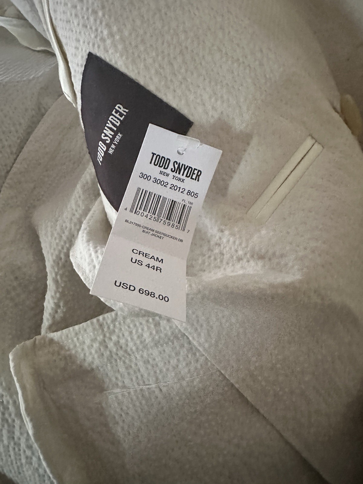 Todd Snyder Double-Breasted Cream Seersucker Men’s Suit 44R 38×32 2 Piece