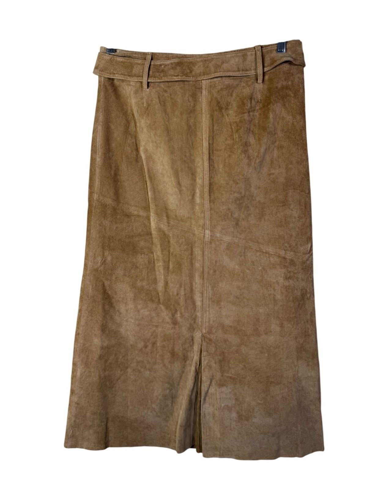 Newport News Women Tan Suede Leather Midi Maxi Skirt Waist Size 14 Belted Buckle