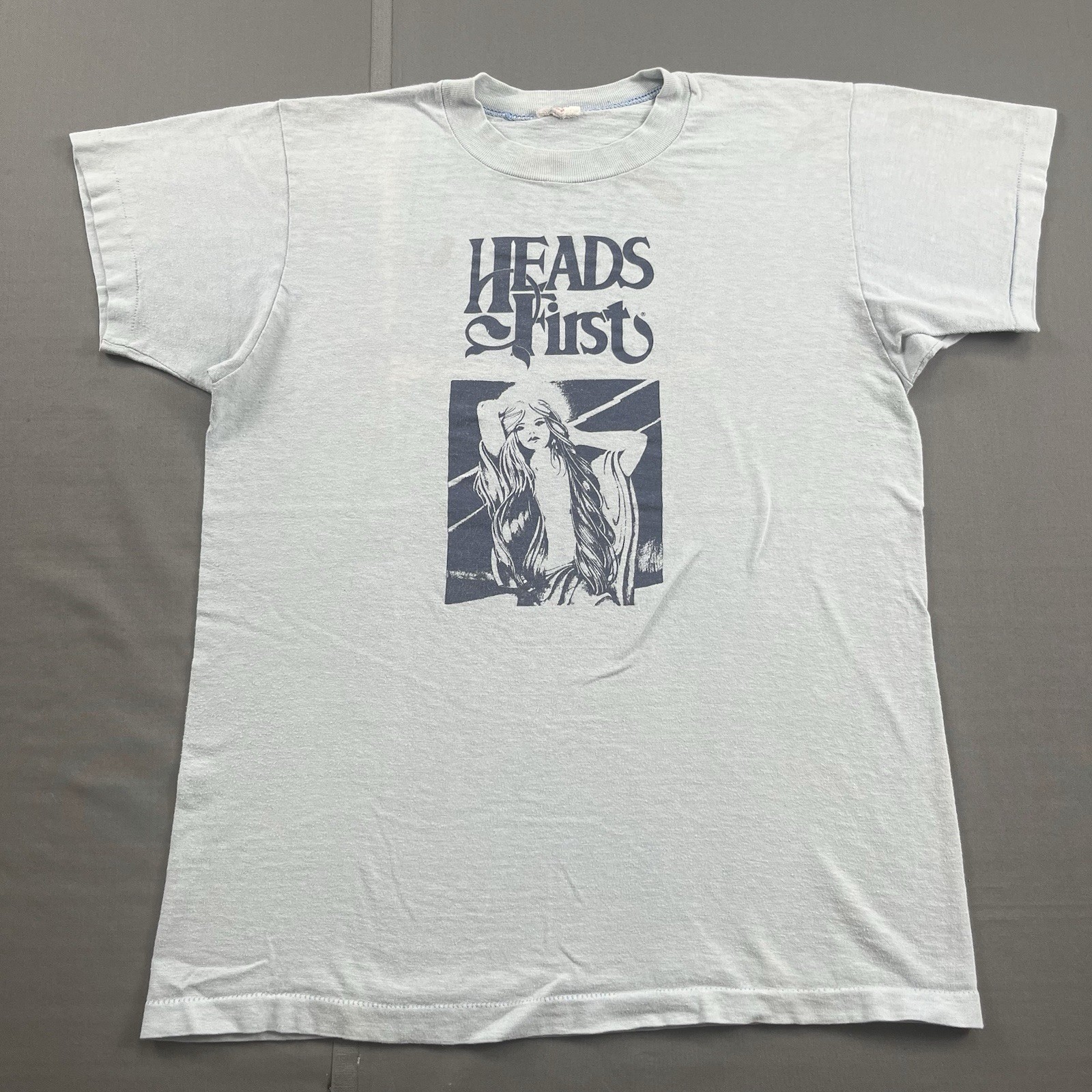 1970s Heads First Vintage Graphic T-Shirt Angel Double Sided Blue Size Medium