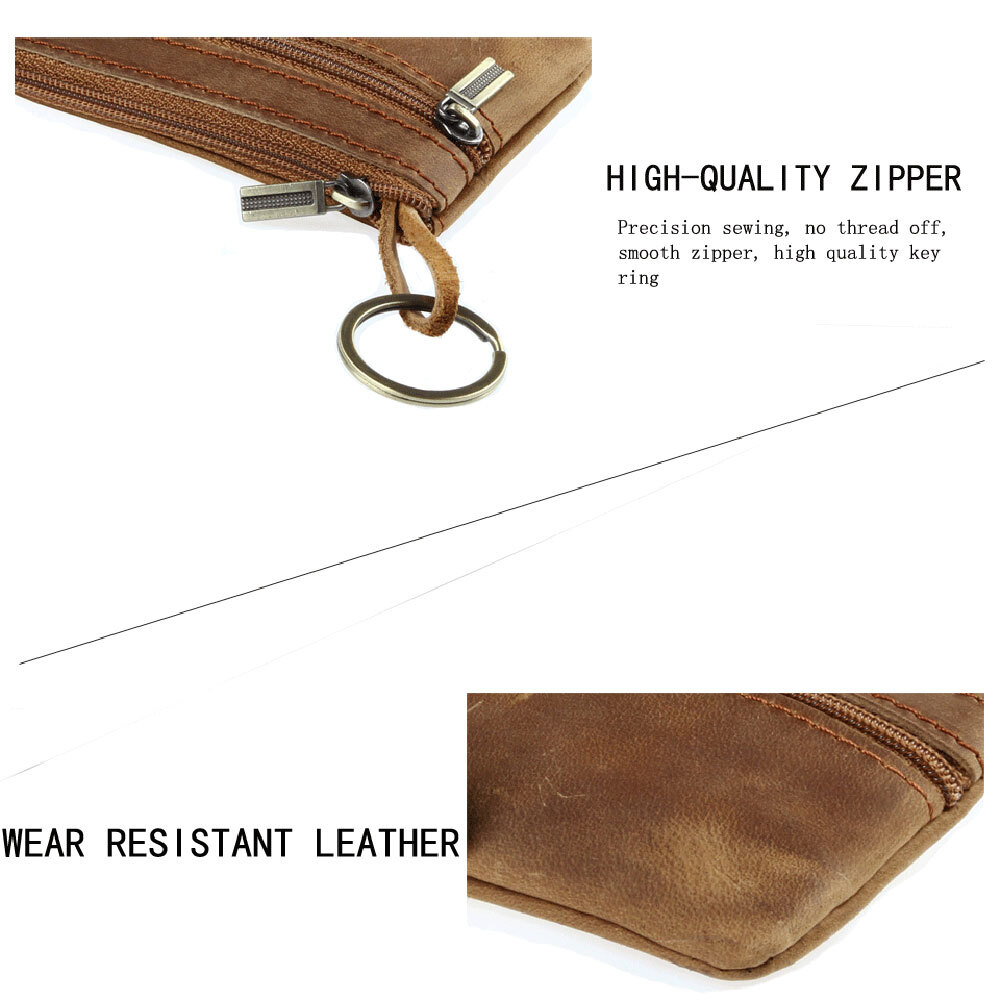 Brown Genuine Leather Small Coin Holder Change Purse Zipper Key card Wallet USA