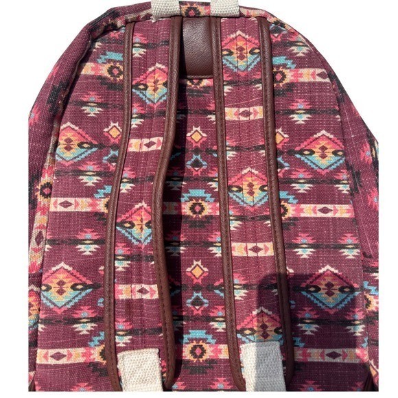 Southwestern Canvas Backpack Burgundy Brown Boho Multiple Pockets Medium