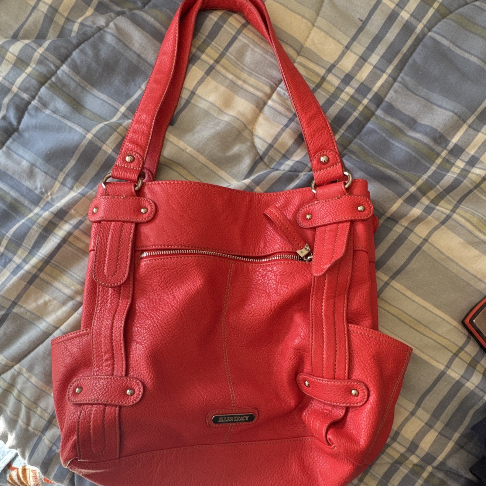 Ellen Tracy Red Pebbled Shoulder Bag Zip Closure Silver Hardware Double Handles