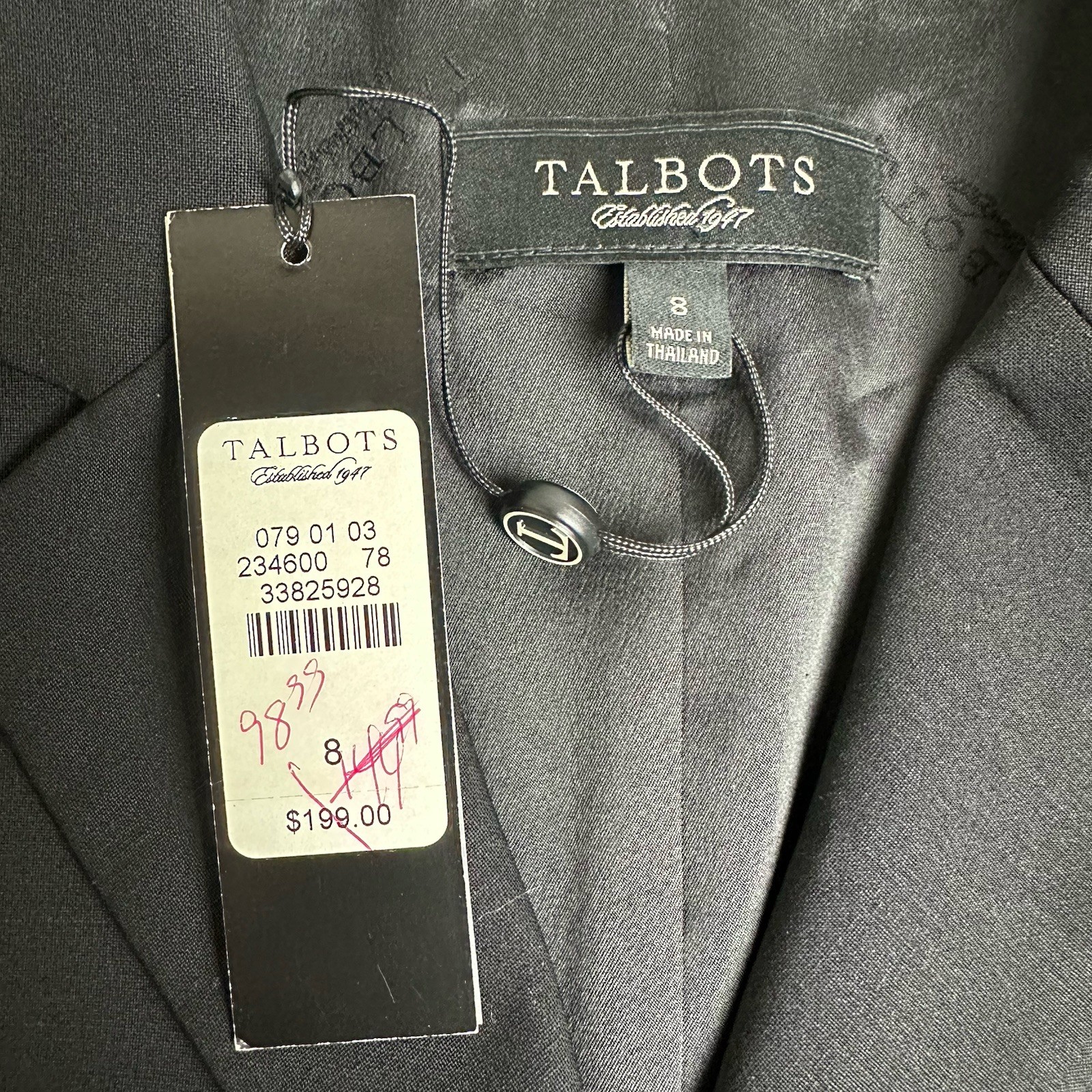 Talbots Size 8 Wool Blend Blazer Black Grace Fit 3-Button Classic Timeless NWT