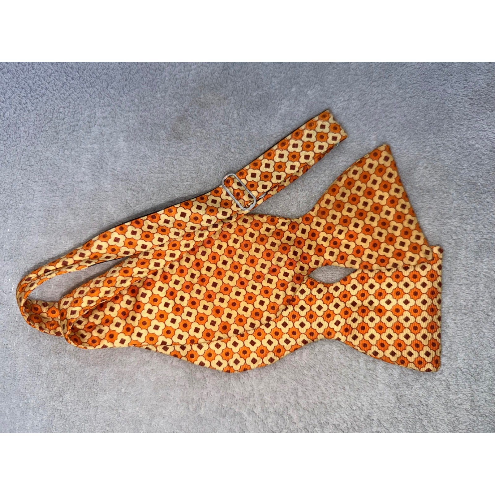 Vintage All Silk Self Tie Bow Tie Orange Yellow Geometric Floral Adjustable