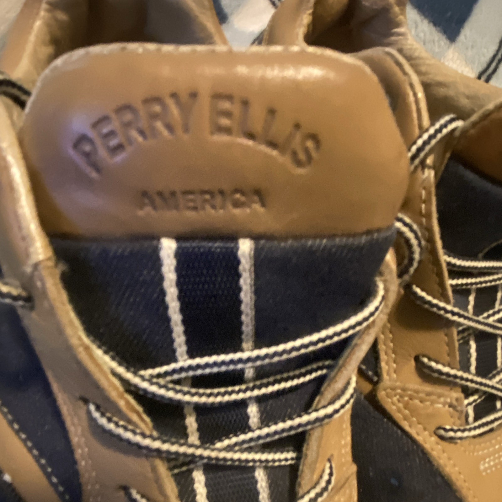 Perry Ellis Men’s Spin Low US 8 M Navy/Beige Canvas & Leather Lace-Up Sneakers
